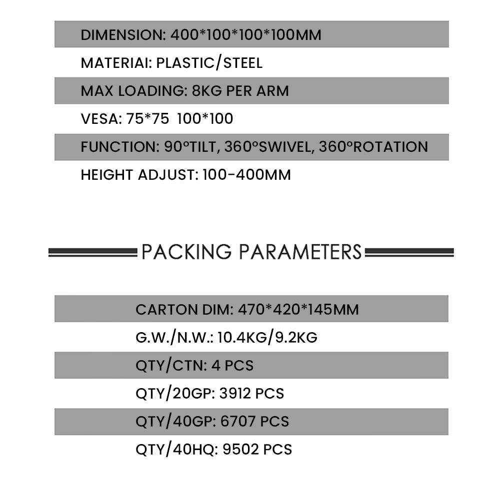 M061 Single Monitor Stand for 13-27 inch Screens, 360° Rotatable, ± 90° Tilt, VESA 75x75/100x100mm, C-Clamp Installation