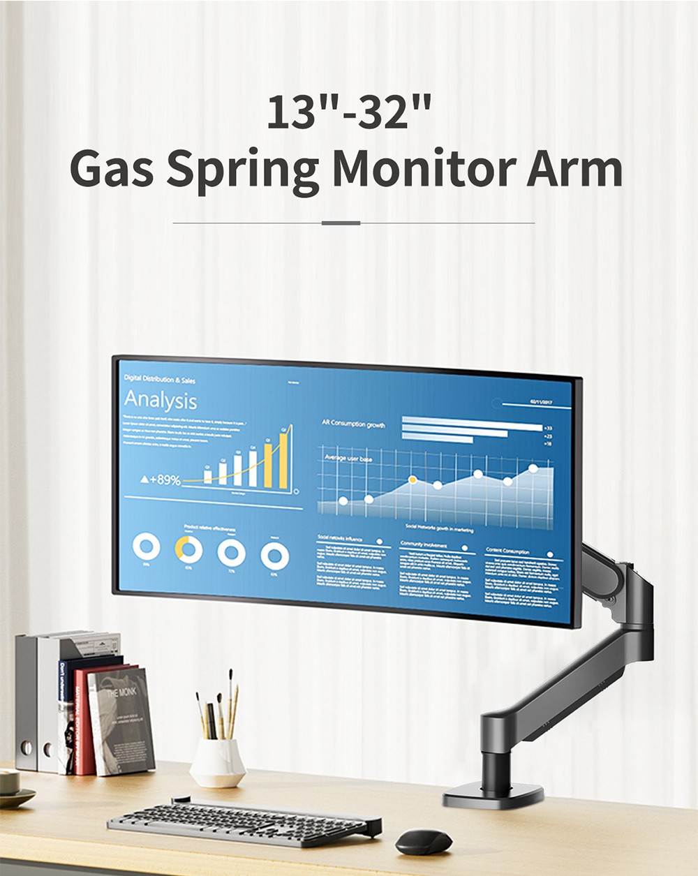 M252 Gas Spring Single Monitor Stand for 13-32 inch Screens, 360° Swivel, Adjustable Height, ± 45° Tilt, VESA 75x75/100x100mm, C-Clamp & Grommet Installation
