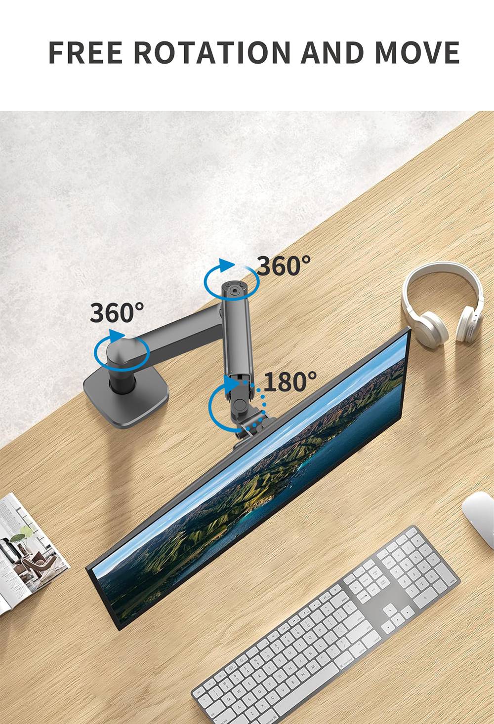 M252 Gas Spring Single Monitor Stand for 13-32 inch Screens, 360° Swivel, Adjustable Height, ± 45° Tilt, VESA 75x75/100x100mm, C-Clamp & Grommet Installation