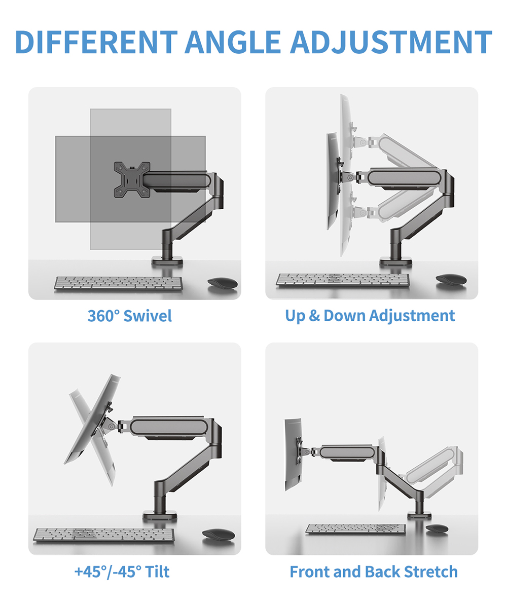 M252 Gas Spring Single Monitor Stand for 13-32 inch Screens, 360° Swivel, Adjustable Height, ± 45° Tilt, VESA 75x75/100x100mm, C-Clamp & Grommet Installation