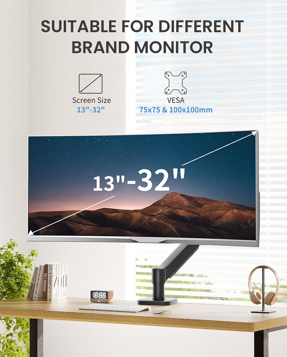 M252 Gas Spring Single Monitor Stand for 13-32 inch Screens, 360° Swivel, Adjustable Height, ± 45° Tilt, VESA 75x75/100x100mm, C-Clamp & Grommet Installation