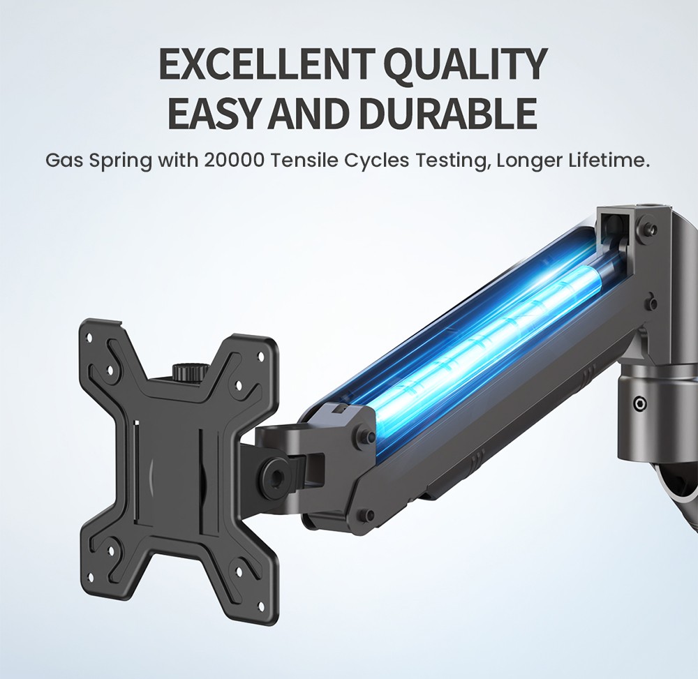 M252 Gas Spring Single Monitor Stand for 13-32 inch Screens, 360° Swivel, Adjustable Height, ± 45° Tilt, VESA 75x75/100x100mm, C-Clamp & Grommet Installation