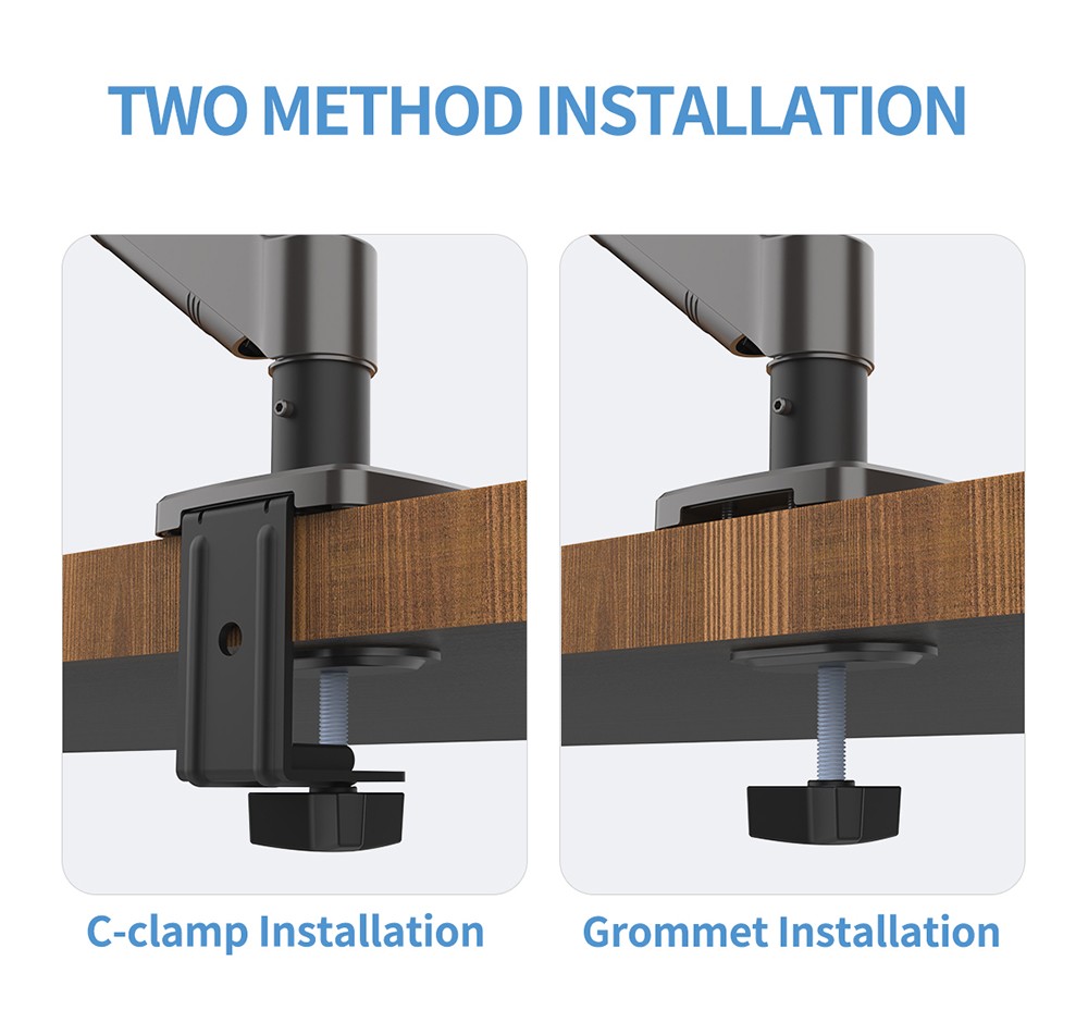 M252 Gas Spring Single Monitor Stand for 13-32 inch Screens, 360° Swivel, Adjustable Height, ± 45° Tilt, VESA 75x75/100x100mm, C-Clamp & Grommet Installation