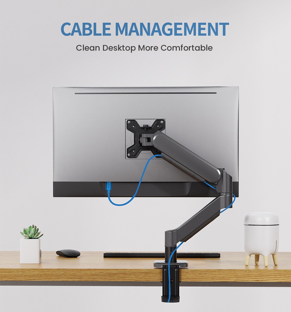 M252 Gas Spring Single Monitor Stand for 13-32 inch Screens, 360° Swivel, Adjustable Height, ± 45° Tilt, VESA 75x75/100x100mm, C-Clamp & Grommet Installation