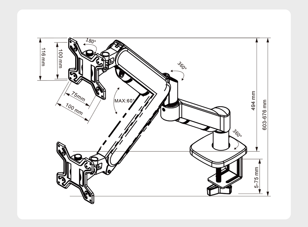 M252 Gas Spring Single Monitor Stand for 13-32 inch Screens, 360° Swivel, Adjustable Height, ± 45° Tilt, VESA 75x75/100x100mm, C-Clamp & Grommet Installation