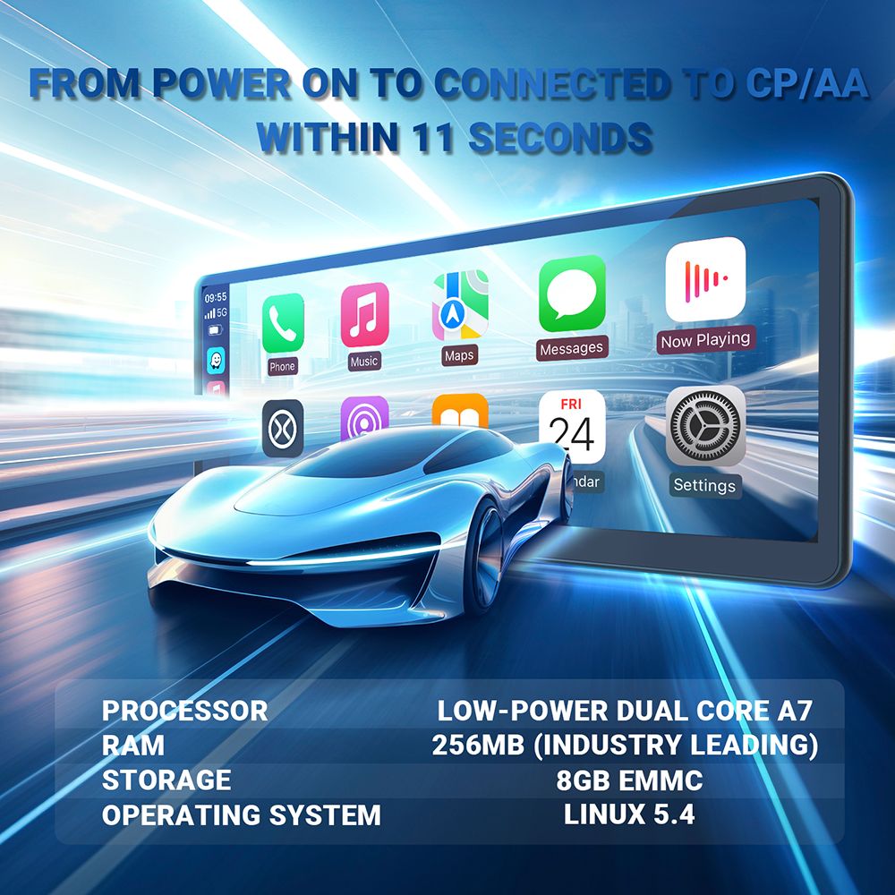 MINIX CP89-HD Portable Wireless CarPlay/ Android Auto Display, 60FPS 8.9 Inch 1920*720 IPS Touch Screen, Magnetic Suction, Plug-and-Play, Dual Bluetooth/ 3.5mm AUX/ FM Transmitter/ Built-in Speaker, Button Control, Ambient Light