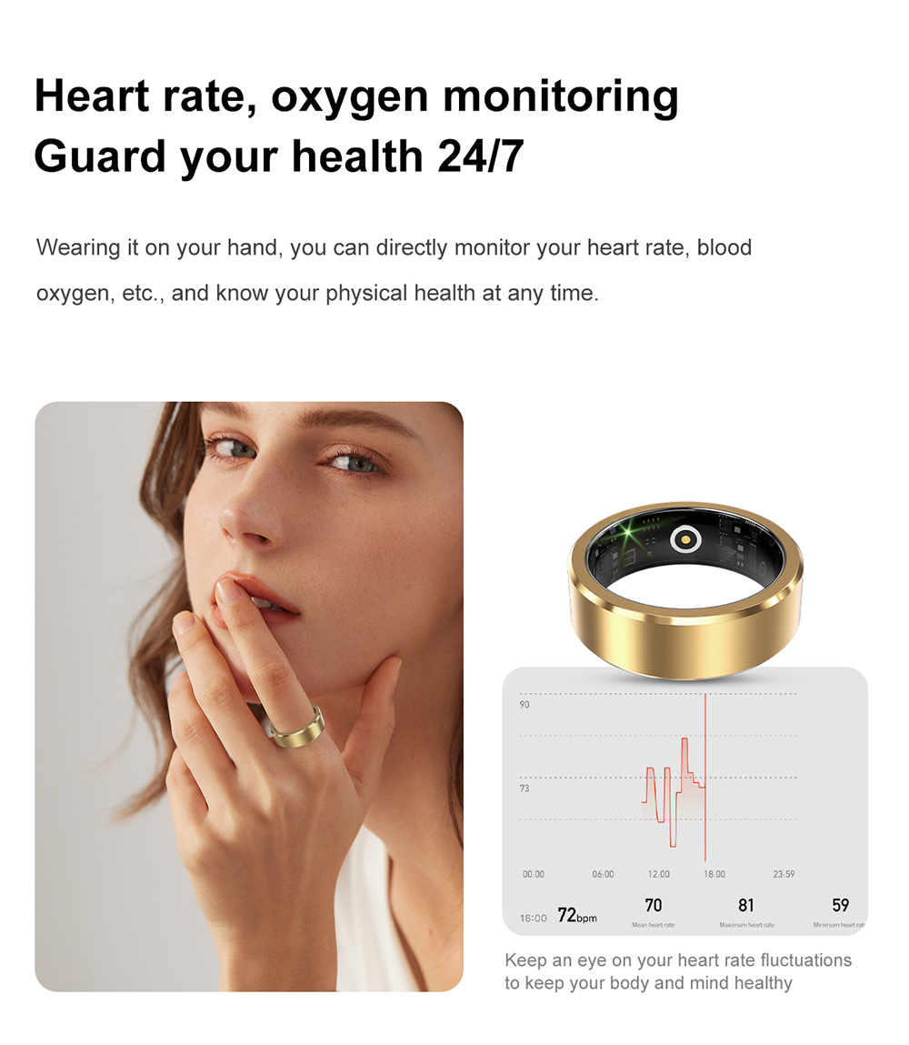 S1 Smart Ring, 24/7 Health Tracker, Heart Rate Body Blood Oxygen Sleep Monitoring, 5ATM Waterproof, 5-7 Days Battery Life - 9# (Inside Diameter 18.9mm), Black
