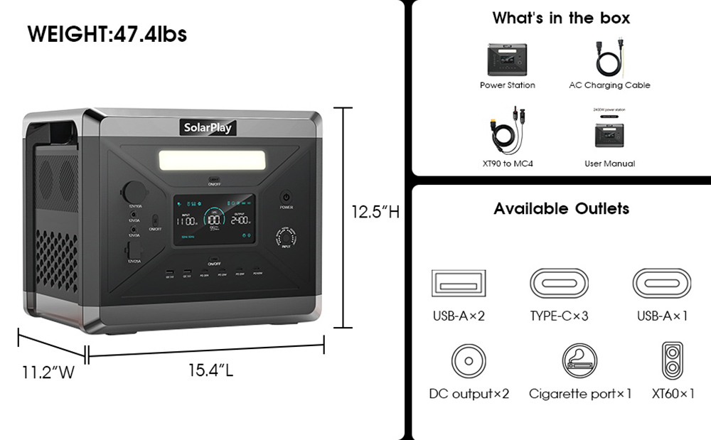 SolarPlay Q2501 Portable Power Station, 2400W/2160WH LiFePO4 Battery, 12 Output Ports, Fully Charged in 1.5 Hours, 4 Charging Method - US Plug