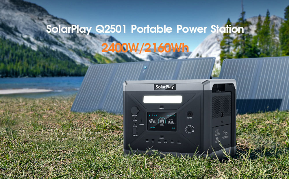 SolarPlay Q2501 Portable Power Station, 2400W/2160WH LiFePO4 Battery, 12 Output Ports, Fully Charged in 1.5 Hours, 4 Charging Method