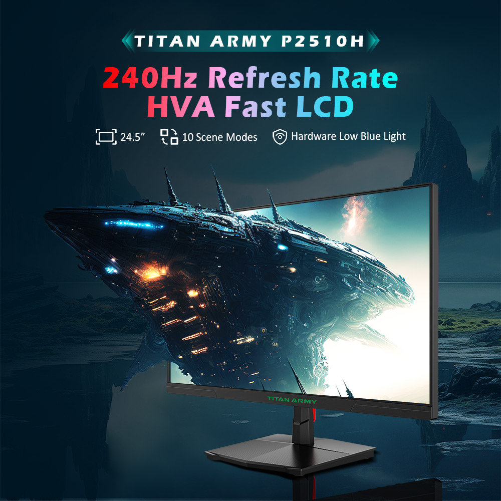 TITAN ARMY P2510H Gaming Monitor, 24.5'' 2 HVA Fast LCD Panel, 1920*1080, 240Hz Refresh Rate, 1ms GTG, HDR10, 99%sRGB, Adaptive-Sync, Dynamic OD, Ultra-Fast Game Mode, 10 Scene Modes, PBP & PIP Split-screen Display, Low Blue Light, VESA Wall Mounting