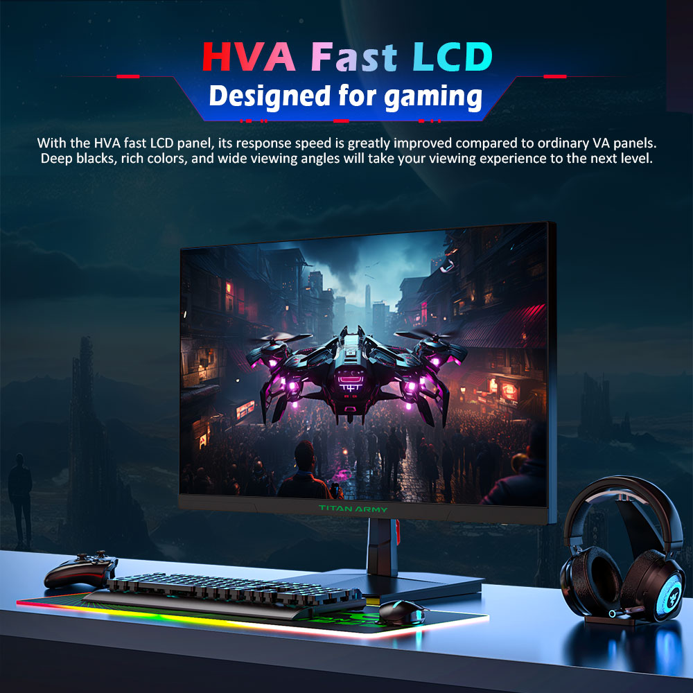 TITAN ARMY P2510H Gaming Monitor, 24.5'' 2 HVA Fast LCD Panel, 1920*1080, 240Hz Refresh Rate, 1ms GTG, HDR10, 99%sRGB, Adaptive-Sync, Dynamic OD, Ultra-Fast Game Mode, 10 Scene Modes, PBP & PIP Split-screen Display, Low Blue Light, VESA Wall Mounting