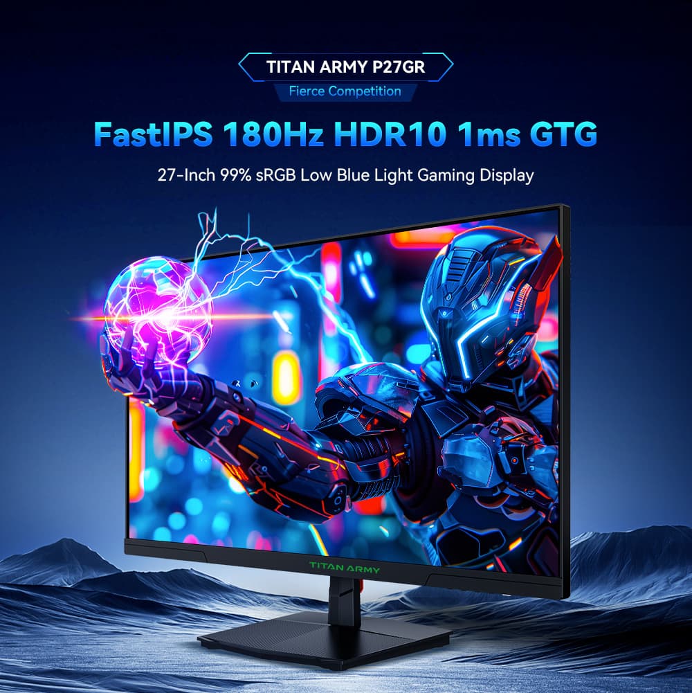 TITAN ARMY P27GR spēļu monitors, 27 collu 2560*1440 ātrs IPS ekrāns, 180 Hz atsvaidzes intensitāte, 1 ms GTG, 99% sRGB, HDR10, adaptīvā sinhronizācija, spēļu režīms, dinamisks OD, PBP un ​​PIP displejs, regulējams zils apgaismojums , VESA Sienas stiprinājums