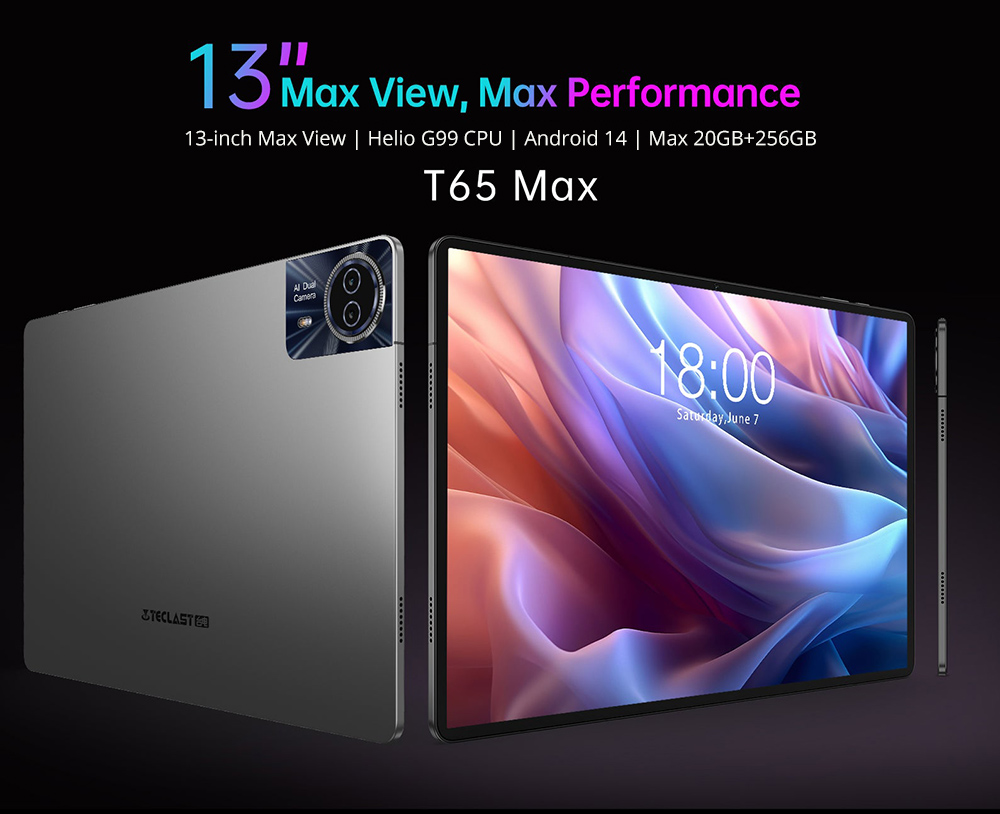 Teclast T65 Max Android 14 Tablet, 13-inch 1920*1200 IPS Screen, Helio G99 8 Core Max 2.2GHz, 8GB+12GB Expansion RAM 256GB ROM, 2.4/5GHz WiFi Bluetooth 5.0, 8MP+13MP Camera, 10000mAh Battery, 18W Fast Charging, GPS/Galileo/GLONASS/BDS, Face Unlock