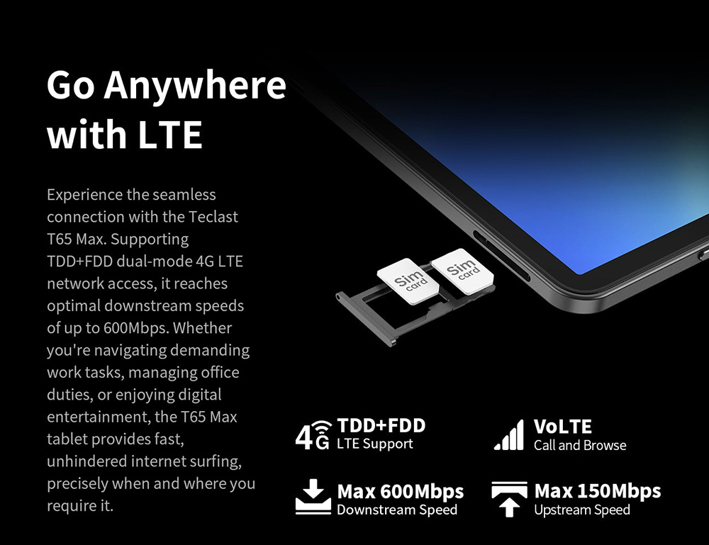 Teclast T65 Max Android 14 Tablet, 13-inch 1920*1200 IPS Screen, Helio G99 8 Core Max 2.2GHz, 8GB+12GB Expansion RAM 256GB ROM, 2.4/5GHz WiFi Bluetooth 5.0, 8MP+13MP Camera, 10000mAh Battery, 18W Fast Charging, GPS/Galileo/GLONASS/BDS, Face Unlock