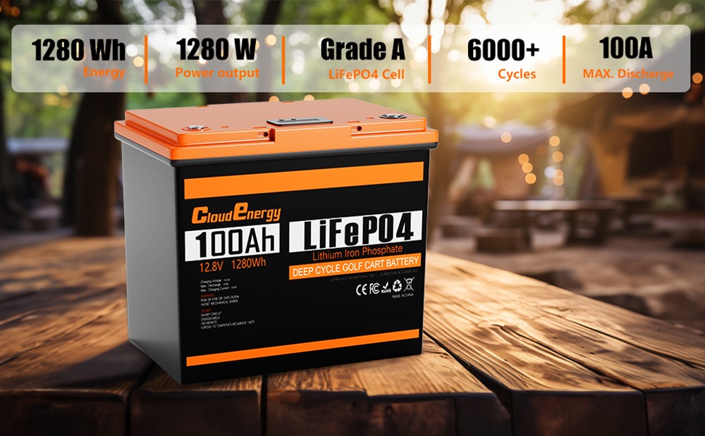 Cloudenergy 12 V-os 100 Ah-s LiFePO4 akkumulátorcsomag, 1280 Wh energia, 6000+ ciklus, beépített 100 A-es BMS, soros/párhuzamos kapcsolás támogatása, tartalék áramellátáshoz, lakókocsikhoz, hajókhoz, napelemes rendszerekhez, csónakmotorokhoz, hálózaton kívüli használatra