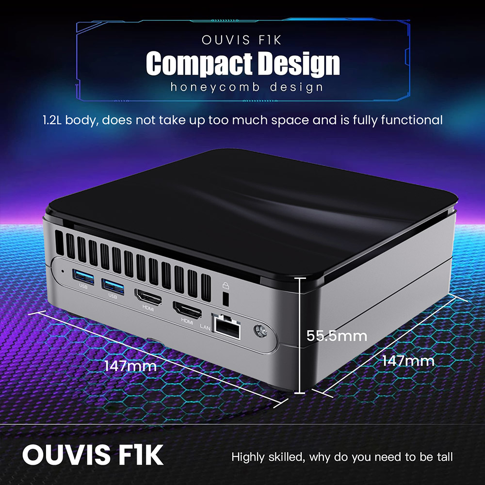 OUVIS F1K Mini PC, AMD Ryzen 7 7735HS 8 Cores Up to 4.75GHz, 16GB RAM 1TB SSD, 2*HDMI+1*Type-C 4K 60Hz Triple Display, WiFi 6 Bluetooth 5.2, 4*USB 3.2 1*RJ45 1*Audio - EU Plug