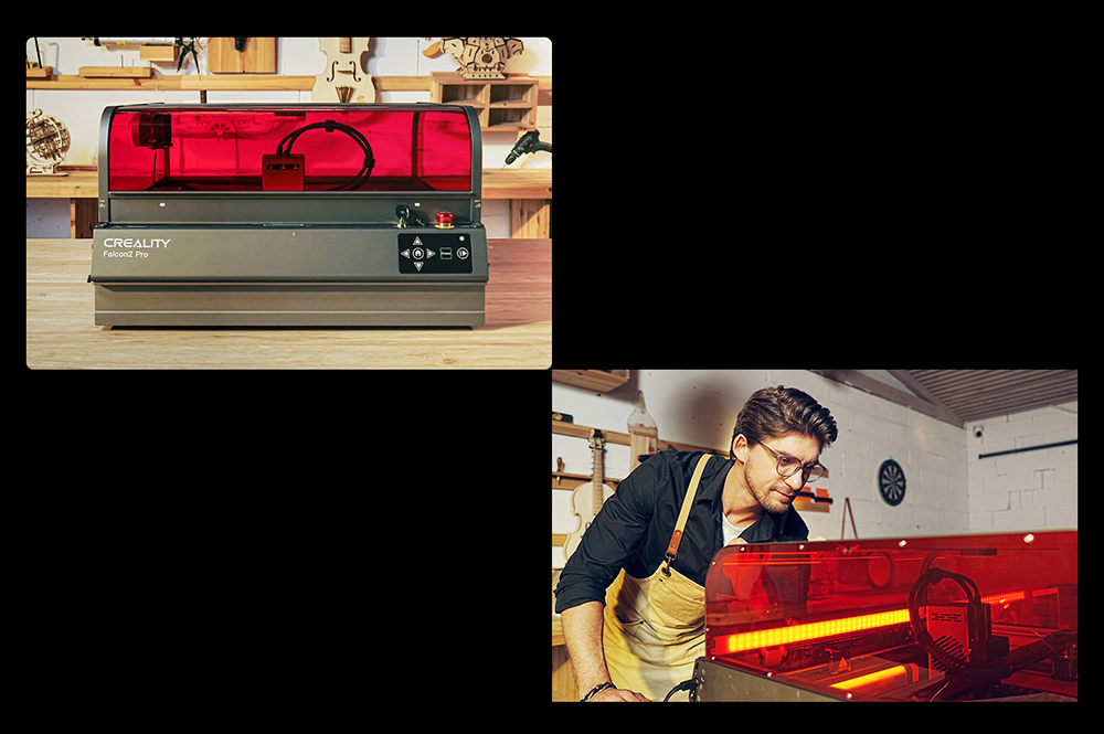 Graveur laser Creality Falcon2 Pro 60 W avec module laser 1,6 W, classe 1 de la FDA, conception entièrement fermée et à tiroir, arrêt de sécurité à couvercle ouvert, assistance pneumatique, caméra intégrée, vitesse maximale de 700 mm/min, 400 x 400 mm