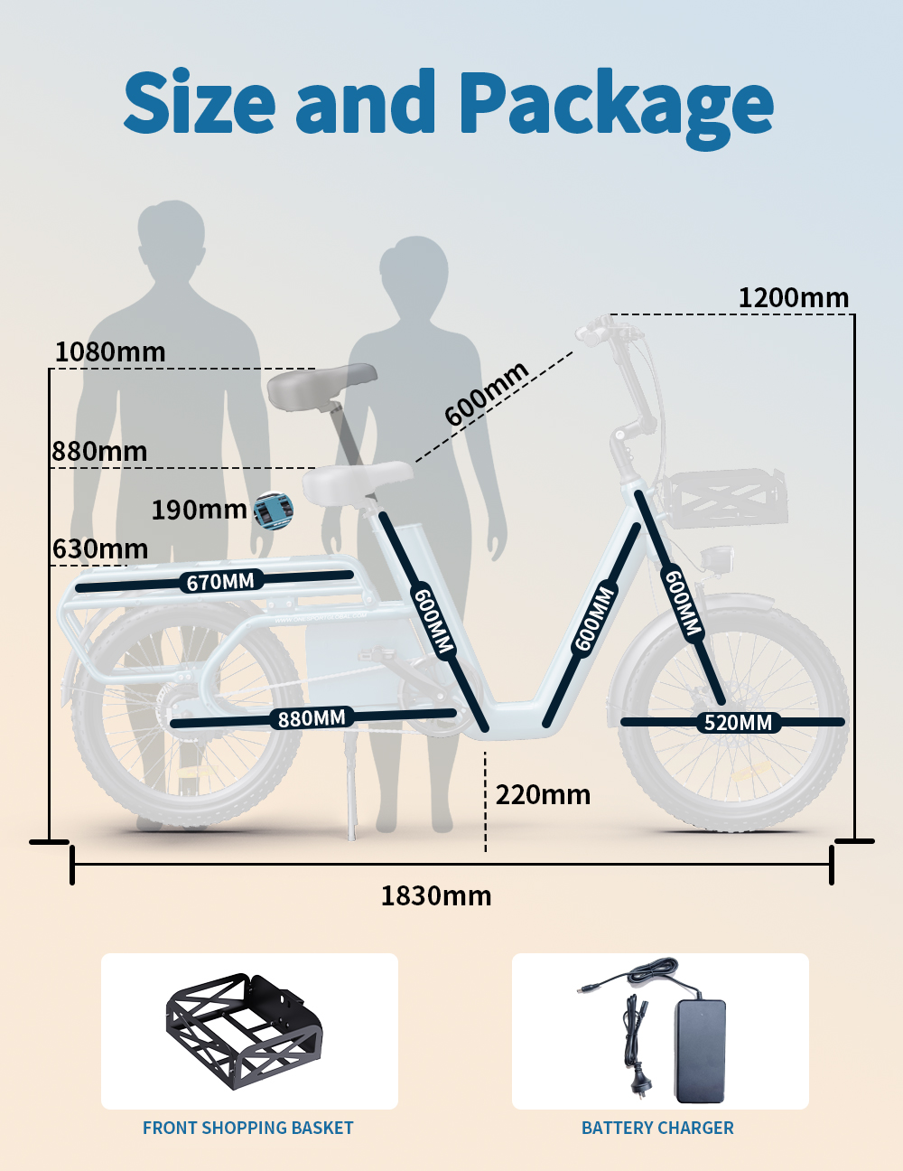 ONESPORT OT01 Electric Cargo Bike, 650W Motor, 48V 27Ah Battery, 20*2.6-inch Tire, 25km/h Max Speed, 100km Max Range, Hydraulic Disc Brakes, Front Suspension Fork - Blue