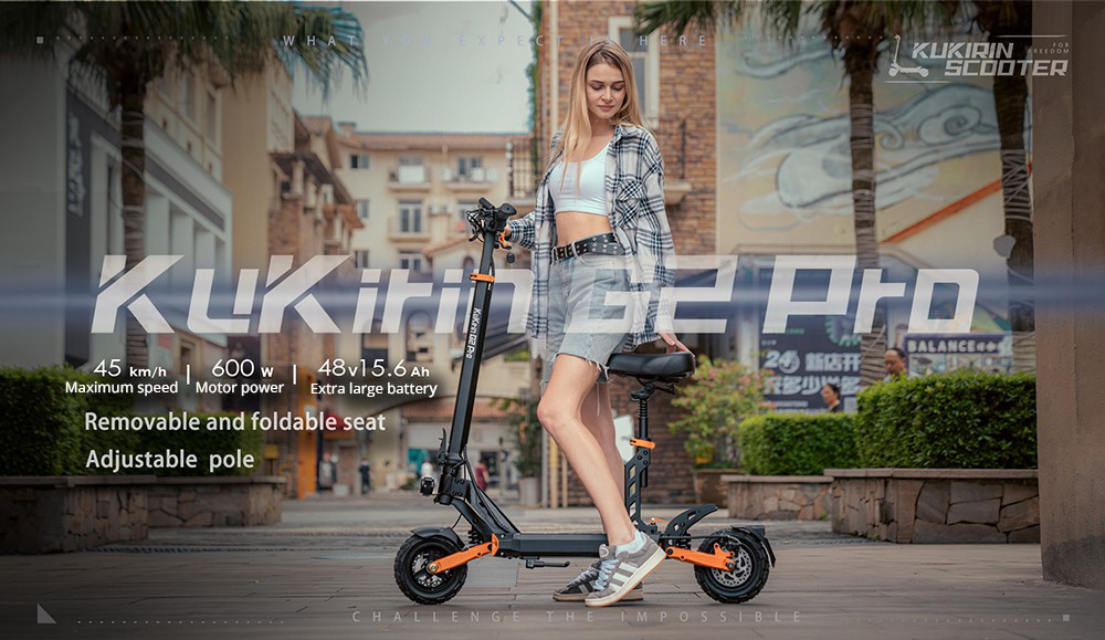 KuKirin G2 Pro Elektroroller Version 2024, bürstenloser 600-W-Motor, 48-V-15,6-Ah-Akku, 9-Zoll-Vakuumreifen aus Gummi, 45 km/h Höchstgeschwindigkeit, 58 km Reichweite, Doppelscheibenbremsen, Federstoßdämpfer, abnehmbarer Sitz