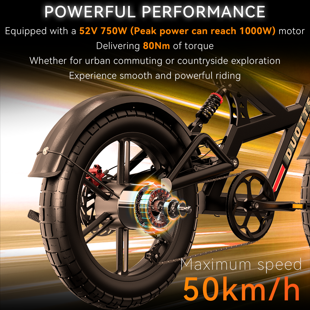 DUOTTS F20 Electric Bike 750W Motor 52V 27Ah Battery 20*4.0 Inch Fat Tire 50km/h Max Speed up to 120km Range with Full Suspension, Spring Shock Absorption, Hydraulic Disc Brakes - Black