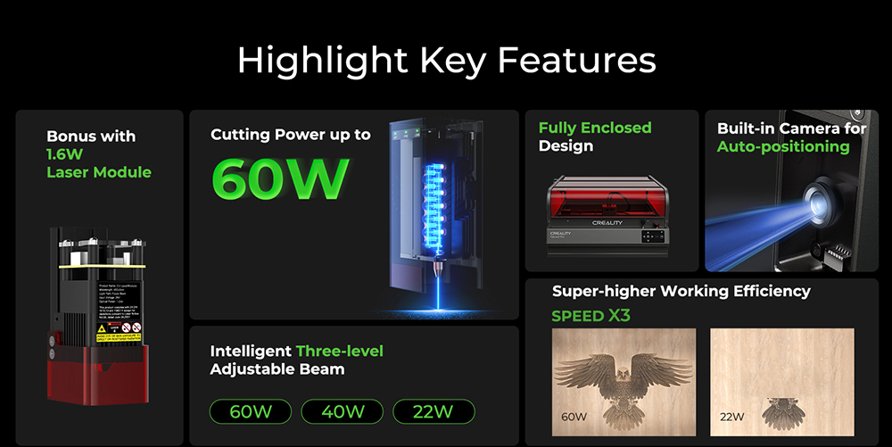 Graveur laser Creality Falcon2 Pro 60 W avec module laser 1,6 W, classe 1 de la FDA, conception entièrement fermée et à tiroir, arrêt de sécurité à couvercle ouvert, assistance pneumatique, caméra intégrée, vitesse maximale de 700 mm/min, 400 x 400 mm