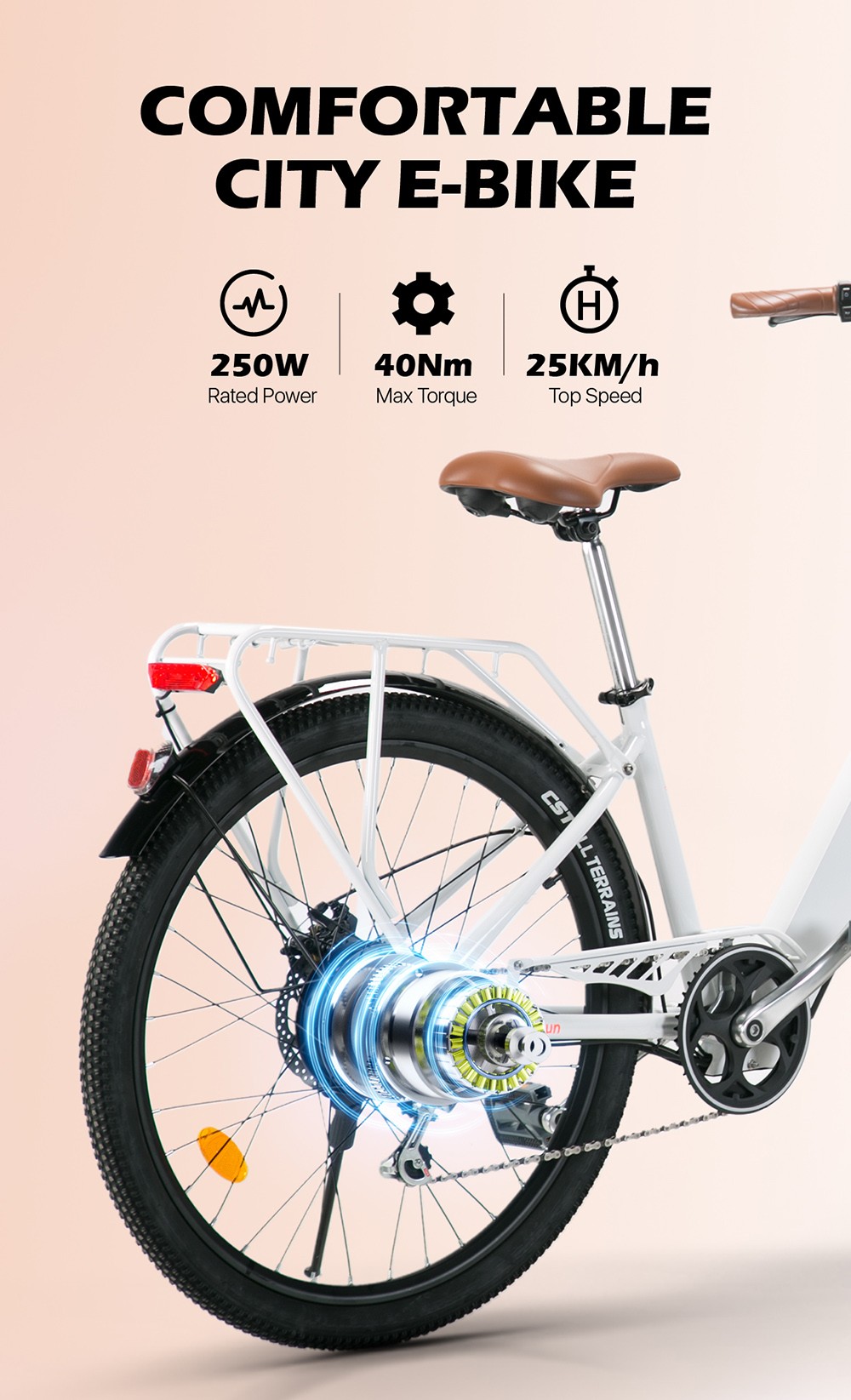 CYSUM Cityrun-26 Step-Thru Electric City Bike 26 Inch Tire 250W Motor 36V 10Ah Battery 25km/h Max Speed 30-50km Range SHIMANO 7-speed Gear Dual Disc Brake - White