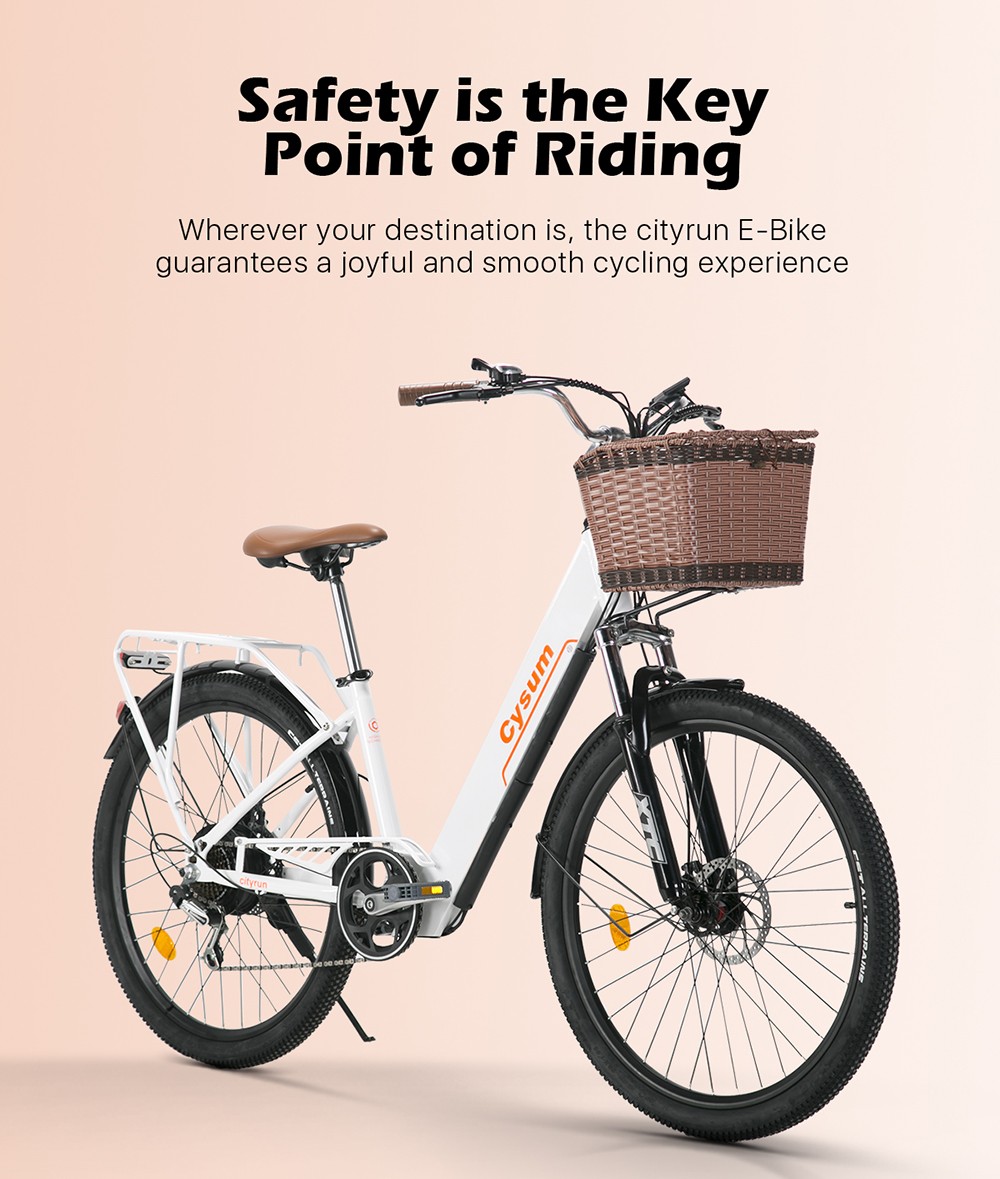 CYSUM Cityrun-26 Step-Thru Electric City Bike 26 Inch Tire 250W Motor 36V 10Ah Battery 25km/h Max Speed 30-50km Range SHIMANO 7-speed Gear Dual Disc Brake - White