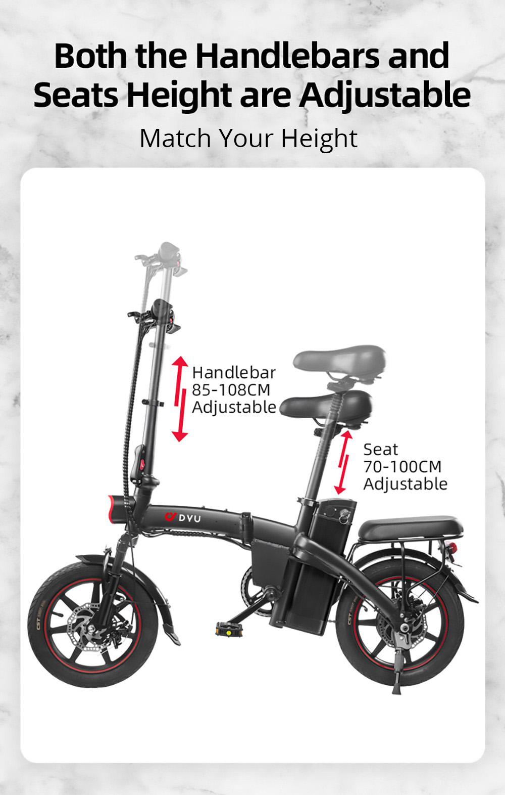 DYU A5 Folding Electric Bike, 350W Motor, 14-inch Tire, 48V 7.5Ah Battery, Max Speed 25km/h, 40-60km Range, Dual Disc Brakes - White