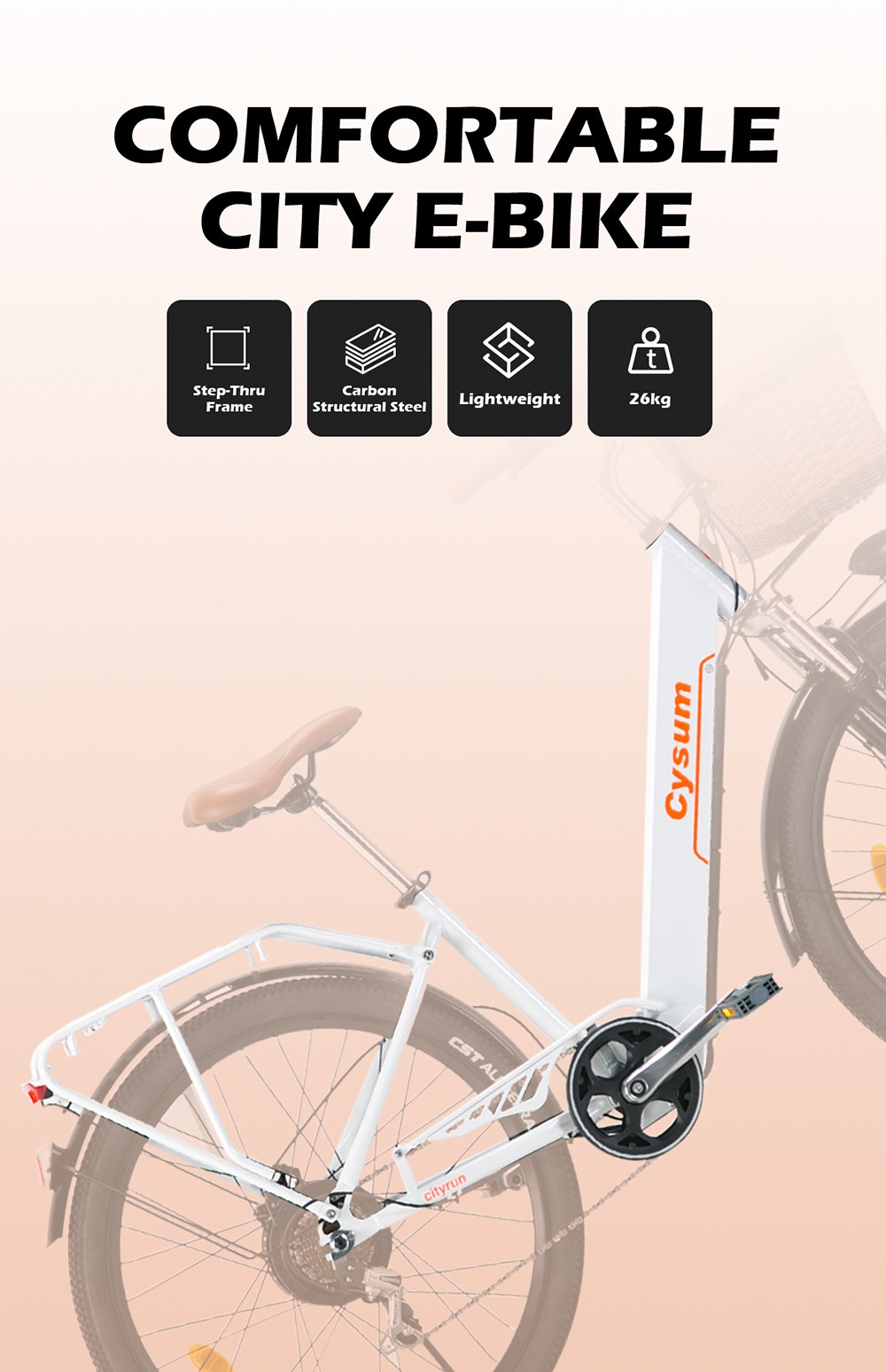 CYSUM Cityrun-26 Step-Thru Electric City Bike 26 Inch Tire 250W Motor 36V 10Ah Battery 25km/h Max Speed 30-50km Range SHIMANO 7-speed Gear Dual Disc Brake - White