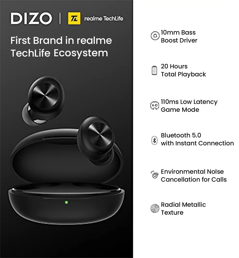 Realme DIZO GoPods D TWS Wireless Bluetooth Earbuds, Environment Noise Cancellation, Bluetooth 5.0, 20 Hours Battery Life - White