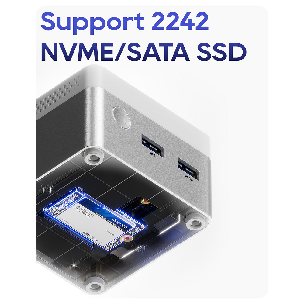 AOOSTAR T8 Mini PC (Free Docking Station), Intel N100 4 Cores Max 3.4GHz, 12GB LPDDR5 RAM 512GB SSD, Support Dual-screen 4K@60Hz Display, Dual Band WiFi, 1*Full-featured Type-C 2*USB3.0 2*USB2.0 1*HDMI 2*1000Mbps LAN 1*Audio Jack, 35W GaN Charger