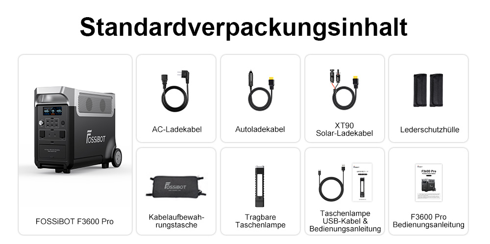 FOSSiBOT F3600 Pro Tragbare Powerstation, 2 zusätzliche Akkupacks mit erweiterbarer Kapazität, 3840Wh Lithiumbatterie, 3600W hohe Wechselstromleistung, 2000W maximale Solarladung, 1,5h Vollladung, 13 Ausgangsanschlüsse, LED-Taschenlampe - EU-Stecker