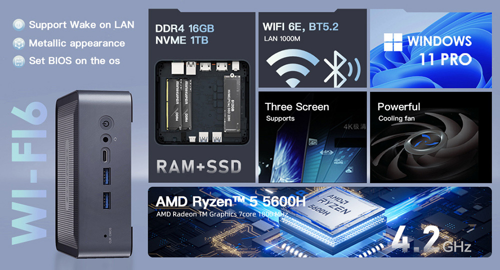 GXMO H56 Mini PC, AMD Ryzen 5 5600H 6 Cores Max 4.2GHz, 16GB RAM 512GB SSD, 2*HDMI + Type-C Triple Screen Display, WiFi 6 Bluetooth 5.2, 4*USB3.0 1*RJ45 1*Audio Jack - EU Plug
