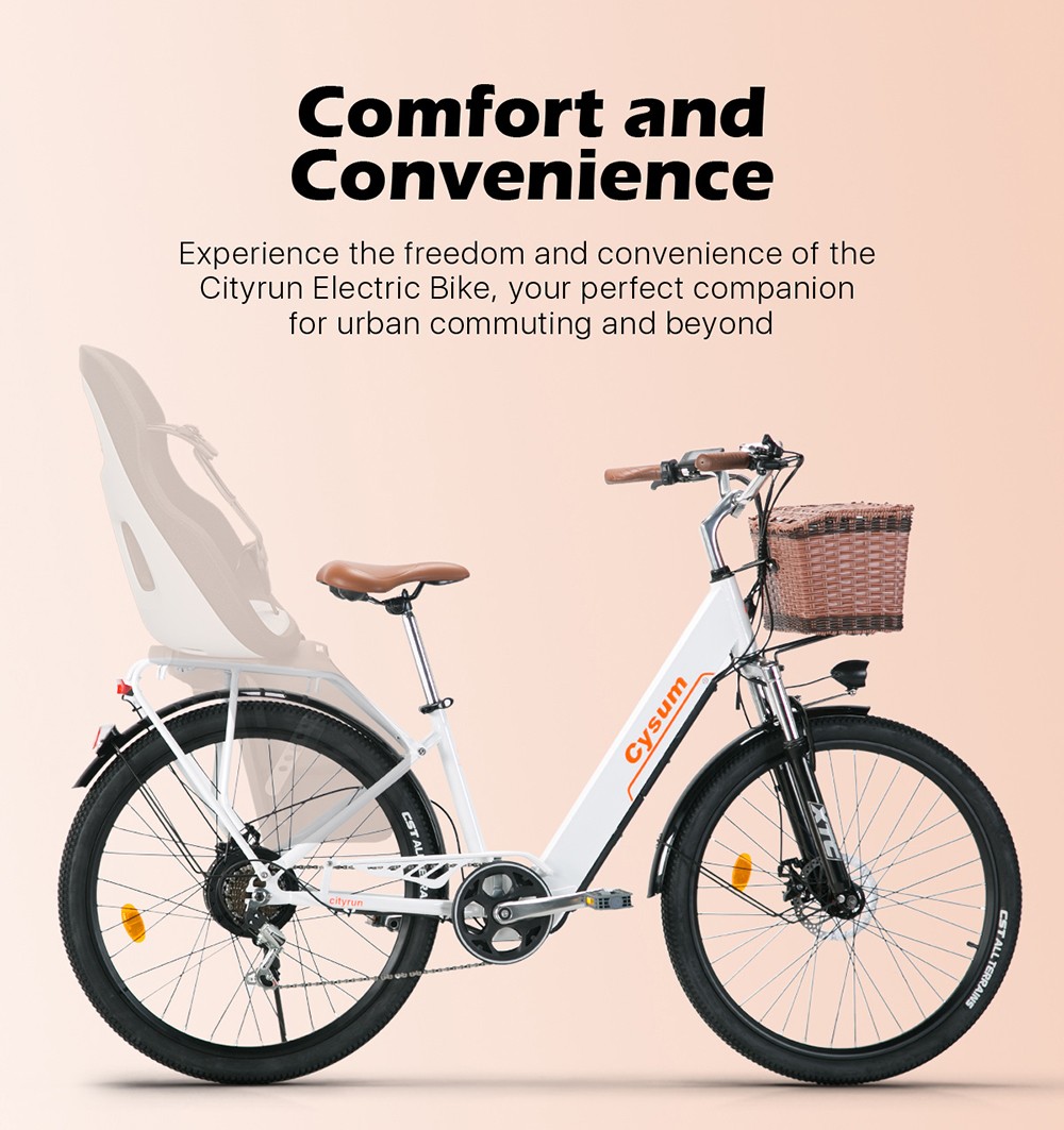 CYSUM Cityrun-20 Step-Thru Electric City Bike 20 Inch Tire 250W Motor 36V 10Ah Battery 25km/h Max Speed 30-50km Range SHIMANO 7-speed Gear Dual Disc Brake - White