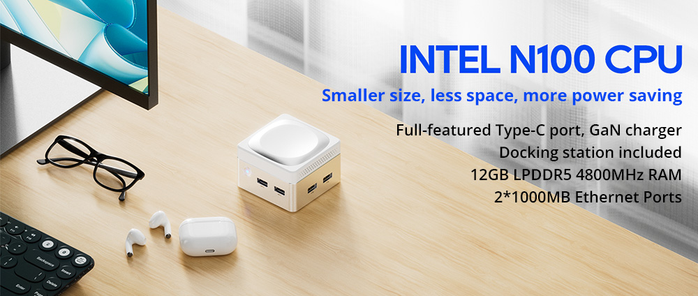 AOOSTAR T8 Mini PC (Free Docking Station), Intel N100 4 Cores Max 3.4GHz, 12GB LPDDR5 RAM 1TB SSD, Support Dual-screen 4K@60Hz Display, Dual Band WiFi, 1*Full-featured Type-C 2*USB3.0 2*USB2.0 1*HDMI 2*1000Mbps LAN 1*Audio Jack, 35W GaN Charger