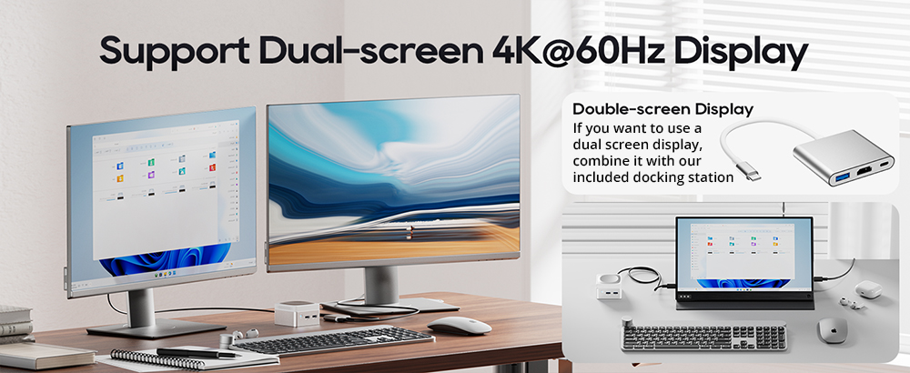 AOOSTAR T8 Mini PC (Free Docking Station), Intel N100 4 Cores Max 3.4GHz, 12GB LPDDR5 RAM 1TB SSD, Support Dual-screen 4K@60Hz Display, Dual Band WiFi, 1*Full-featured Type-C 2*USB3.0 2*USB2.0 1*HDMI 2*1000Mbps LAN 1*Audio Jack, 35W GaN Charger