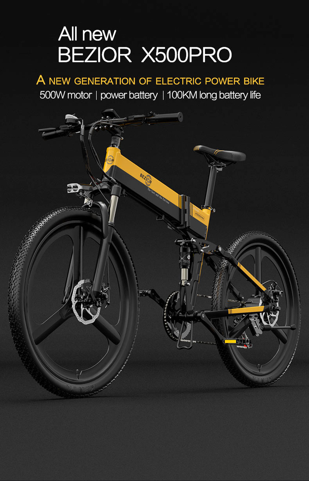 Vélo électrique pliable Bezior X500 Pro, moteur 500 W, batterie 48 V 10,4 Ah, pneu intégré 26 pouces, vitesse maximale 30 km/h, autonomie 100 km, Shimano 7 vitesses, frein à disque mécanique, suspension à ressort à huile avant et arrière, écran LCD, étanchéité IP54 - Noir Jaune