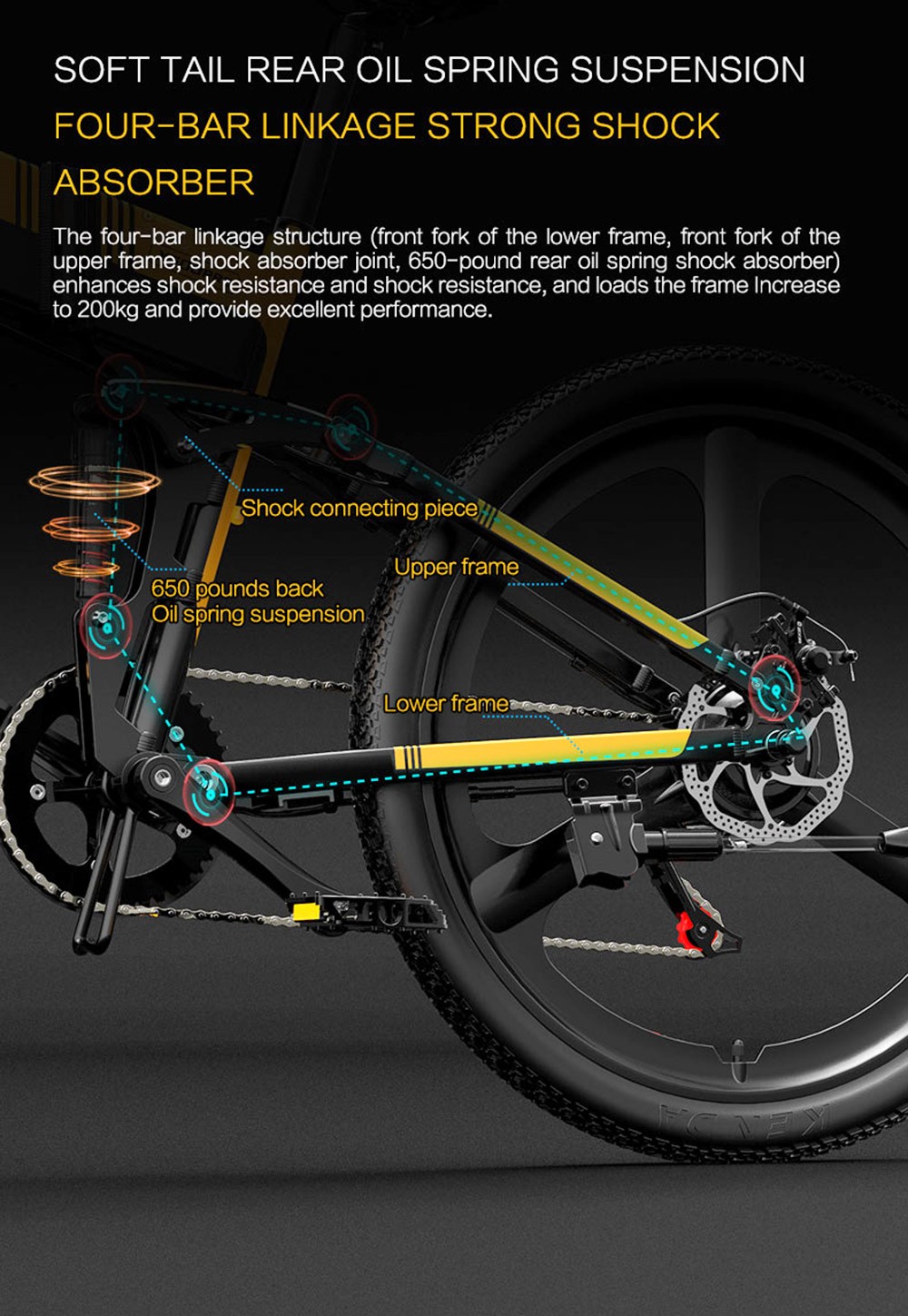 Vélo électrique pliable Bezior X500 Pro, moteur 500 W, batterie 48 V 10,4 Ah, pneu intégré 26 pouces, vitesse maximale 30 km/h, autonomie 100 km, Shimano 7 vitesses, frein à disque mécanique, suspension à ressort à huile avant et arrière, écran LCD, étanchéité IP54 - Noir Jaune