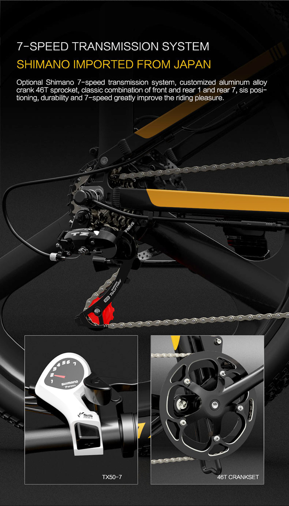Vélo électrique pliable Bezior X500 Pro, moteur 500 W, batterie 48 V 10,4 Ah, pneu intégré 26 pouces, vitesse maximale 30 km/h, autonomie 100 km, Shimano 7 vitesses, frein à disque mécanique, suspension à ressort à huile avant et arrière, écran LCD, étanchéité IP54 - Noir Jaune