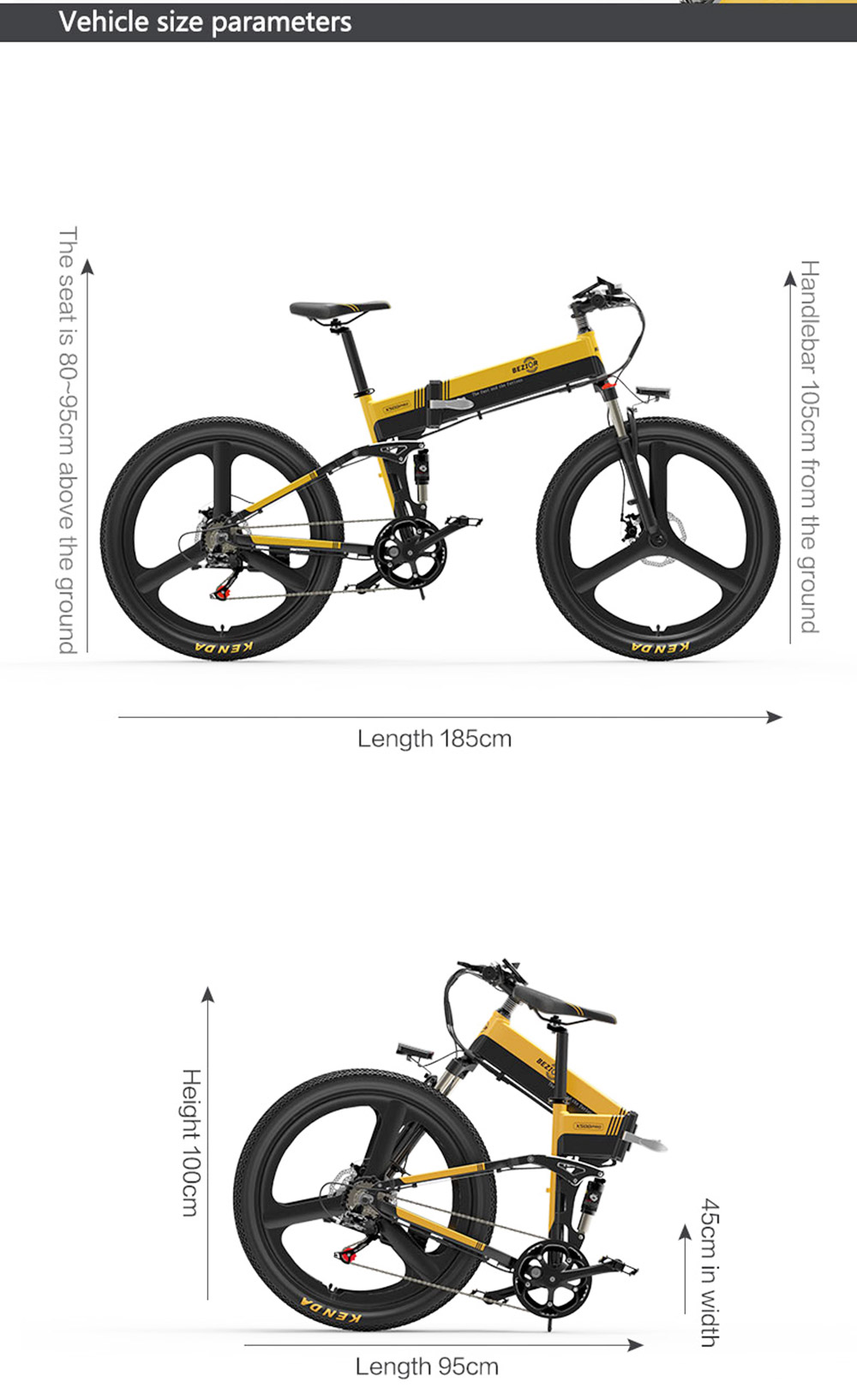 Vélo électrique pliable Bezior X500 Pro, moteur 500 W, batterie 48 V 10,4 Ah, pneu intégré 26 pouces, vitesse maximale 30 km/h, autonomie 100 km, Shimano 7 vitesses, frein à disque mécanique, suspension à ressort à huile avant et arrière, écran LCD, étanchéité IP54 - Noir Jaune