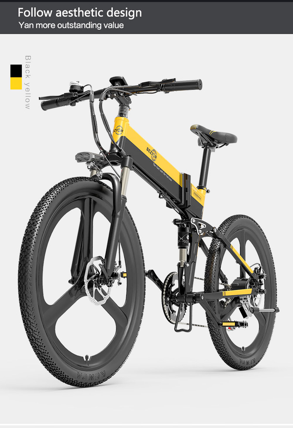 Vélo électrique pliable Bezior X500 Pro, moteur 500 W, batterie 48 V 10,4 Ah, pneu intégré 26 pouces, vitesse maximale 30 km/h, autonomie 100 km, Shimano 7 vitesses, frein à disque mécanique, suspension à ressort à huile avant et arrière, écran LCD, étanchéité IP54 - Noir Jaune