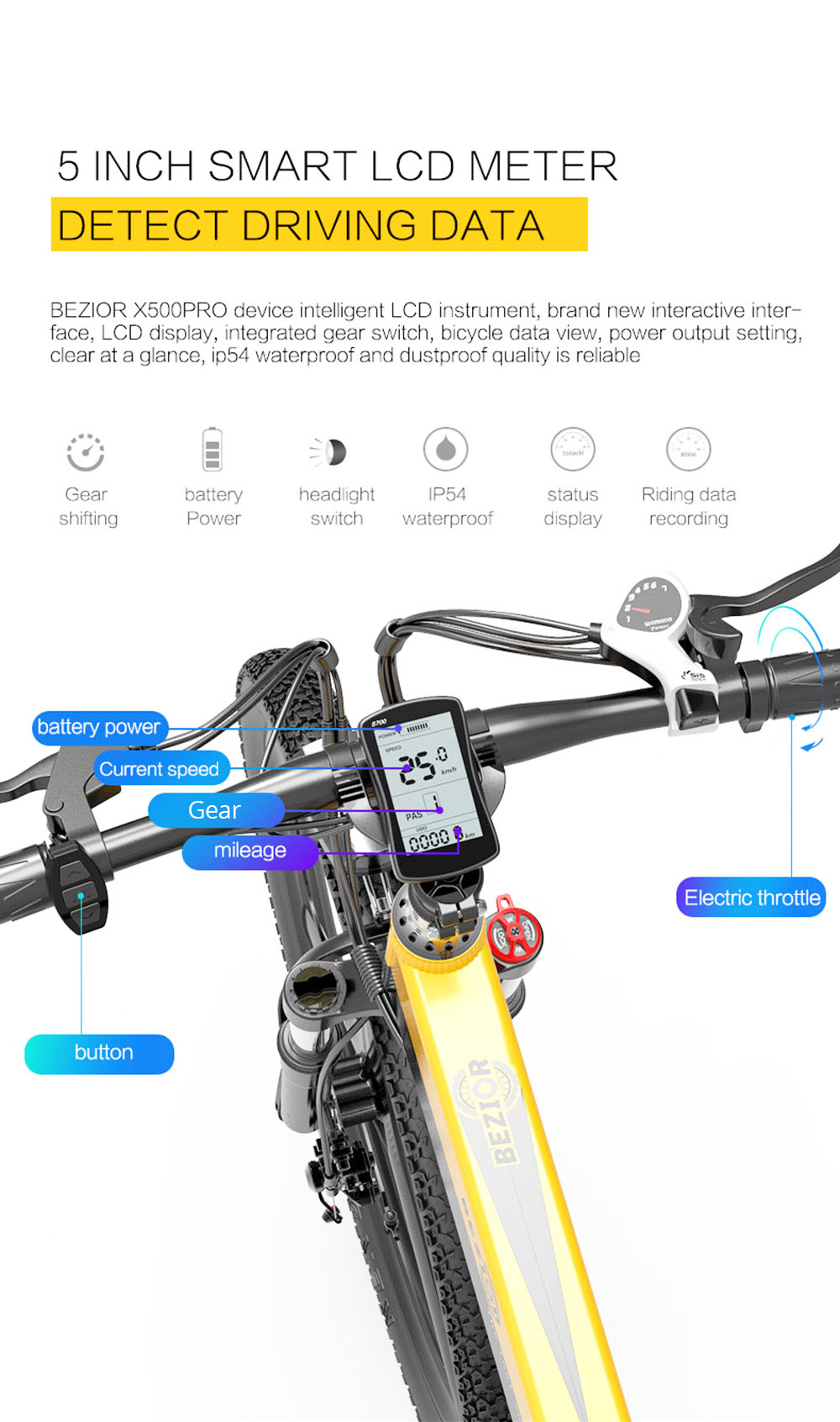 Vélo électrique pliable Bezior X500 Pro, moteur 500 W, batterie 48 V 10,4 Ah, pneu intégré 26 pouces, vitesse maximale 30 km/h, autonomie 100 km, Shimano 7 vitesses, frein à disque mécanique, suspension à ressort à huile avant et arrière, écran LCD, étanchéité IP54 - Noir Jaune