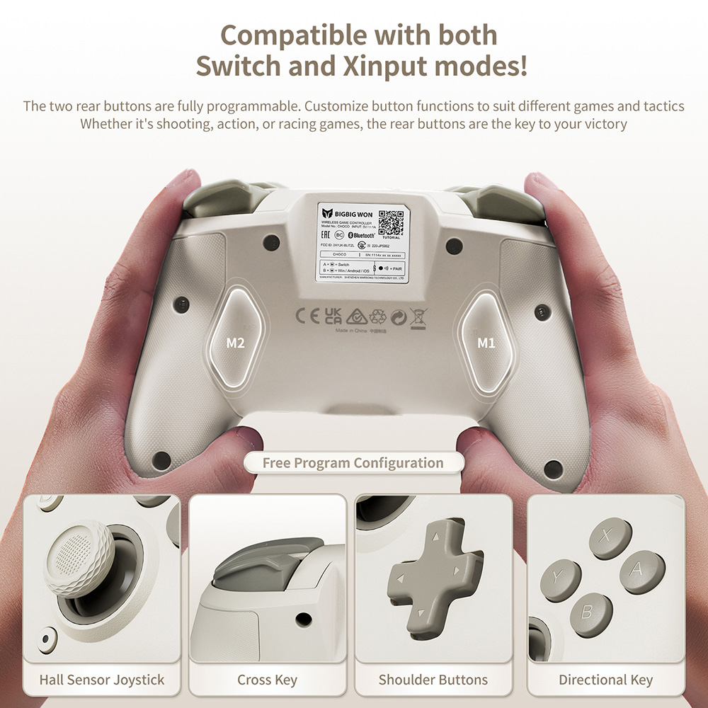 BIGBIG WON CHOCO Wireless Game Controller, Custom Button, 6-Axis Gyro, 128-Step Macro Programming - Grey