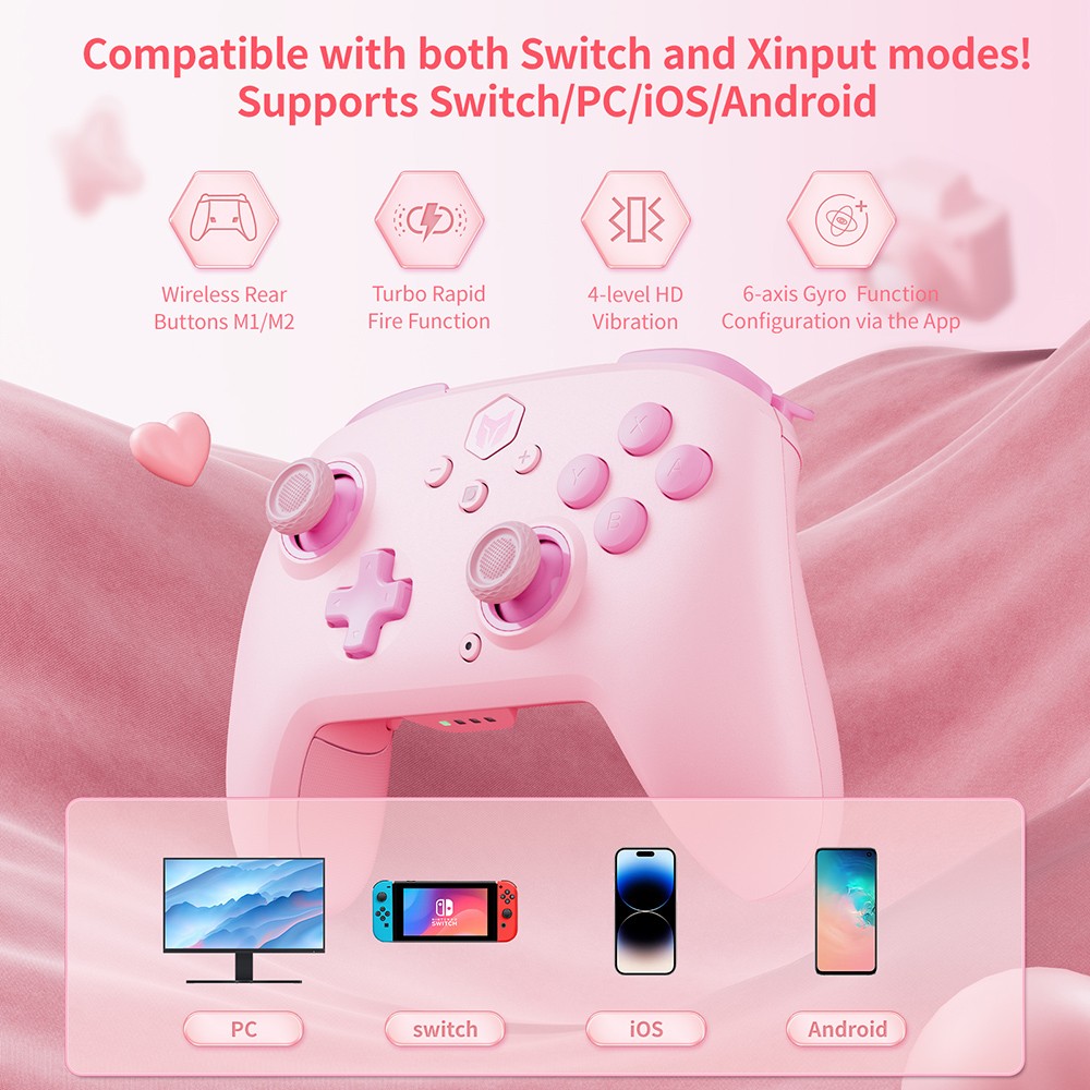 BIGBIG WON CHOCO Wireless Game Controller, Custom Button, 6-Axis Gyro, 128-Step Macro Programming - Pink