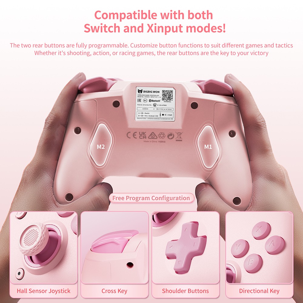 BIGBIG WON CHOCO Wireless Game Controller, Custom Button, 6-Axis Gyro, 128-Step Macro Programming - Pink
