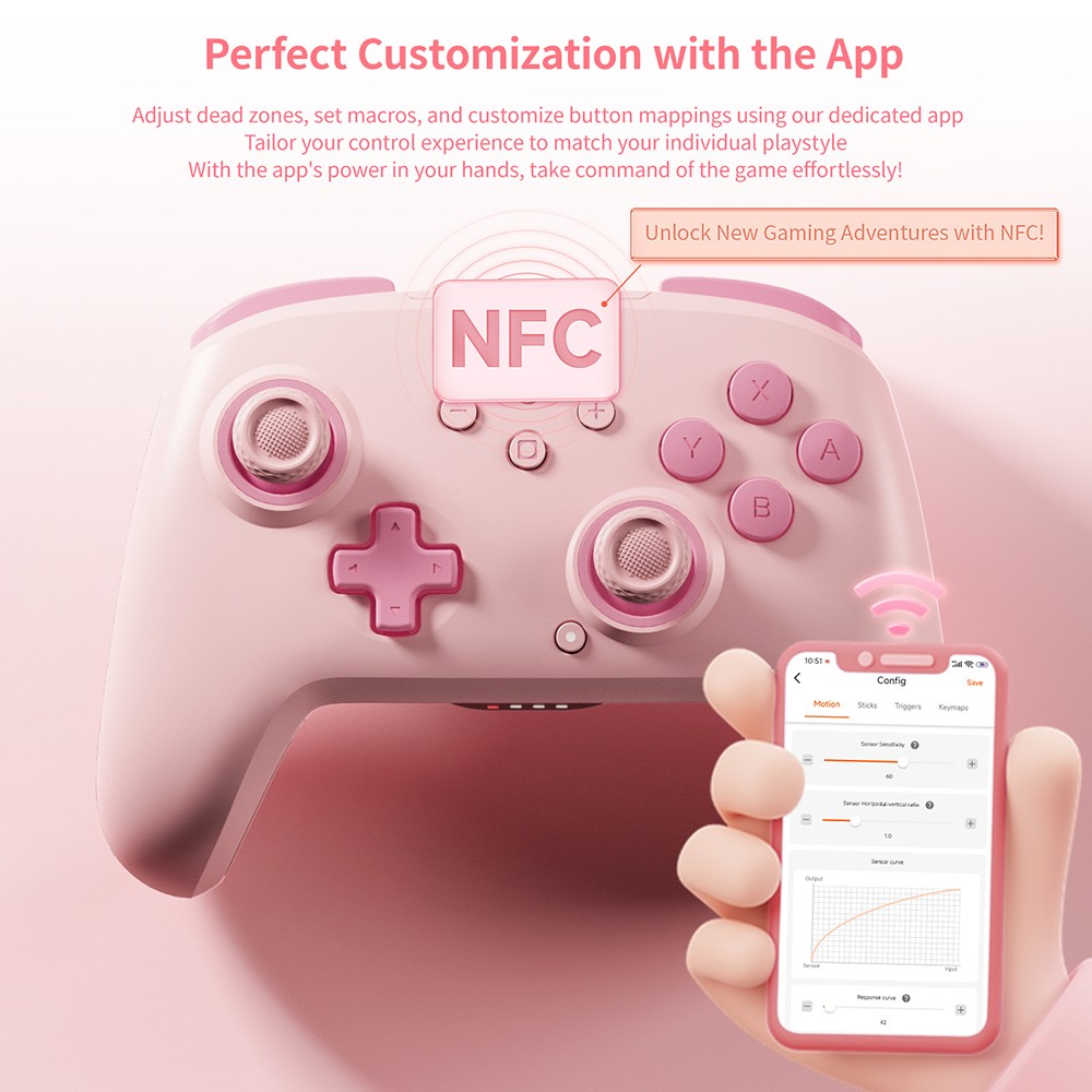 BIGBIG WON CHOCO Wireless Game Controller, Custom Button, 6-Axis Gyro, 128-Step Macro Programming - Pink