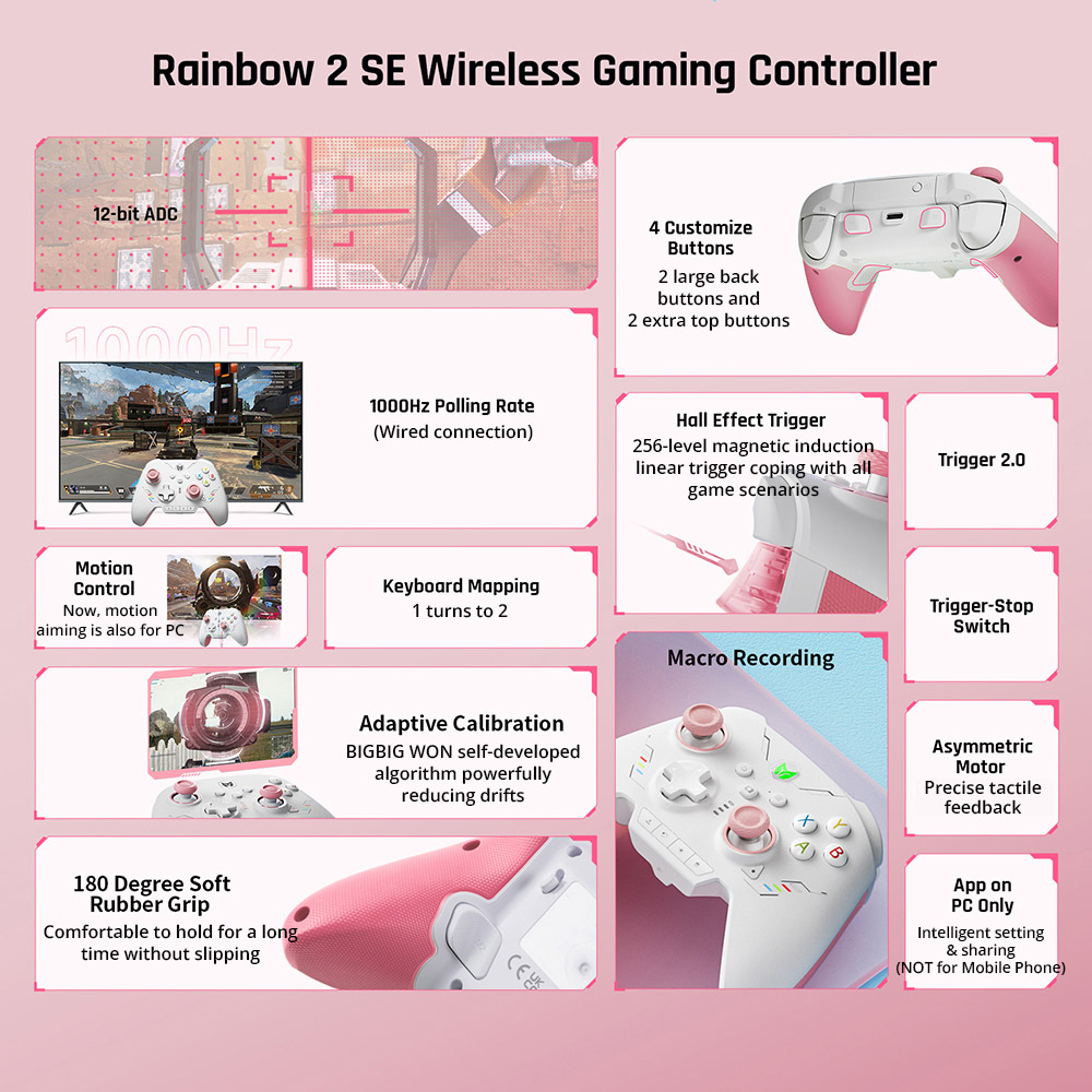 BIGBIG WON Rainbow 2 SE Game Controller, Hall Effect Trigger, 12-bit ADC, 4-way & 8-way D-pads, Compatible with Switch / PC / Android / iOS - Pink