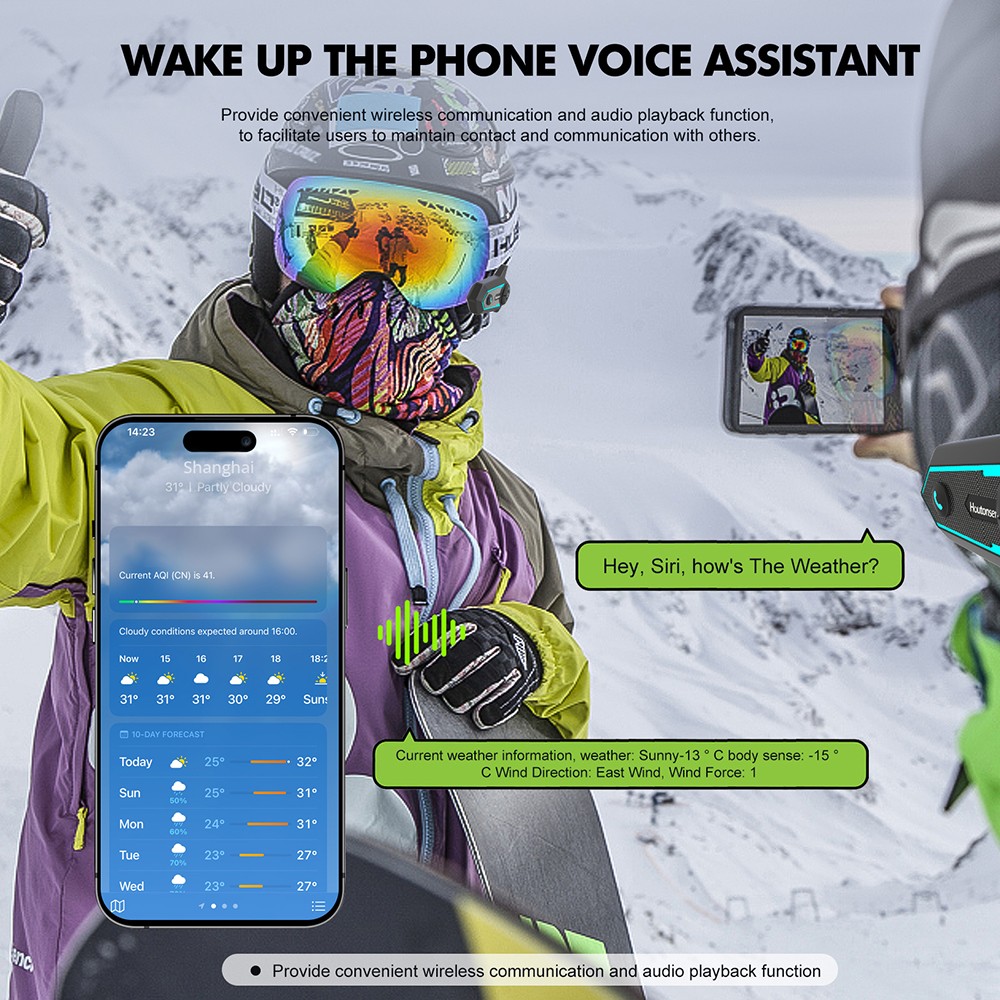 Houtonsen S6 Motorcycle Helmet Headset, 1000m Real-time Intercom Distance, Voice Navigation, Bluetooth 5.1, 30h Working Time, Type-C Interface, IP65 Waterproof - 2Pcs Pack