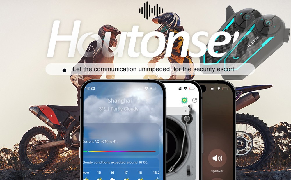 Houtonsen S6 Motorcycle Helmet Headset, 1000m Real-time Intercom Distance, Voice Navigation, Bluetooth 5.1, 30h Working Time, Type-C Interface, IP65 Waterproof - 2Pcs Pack