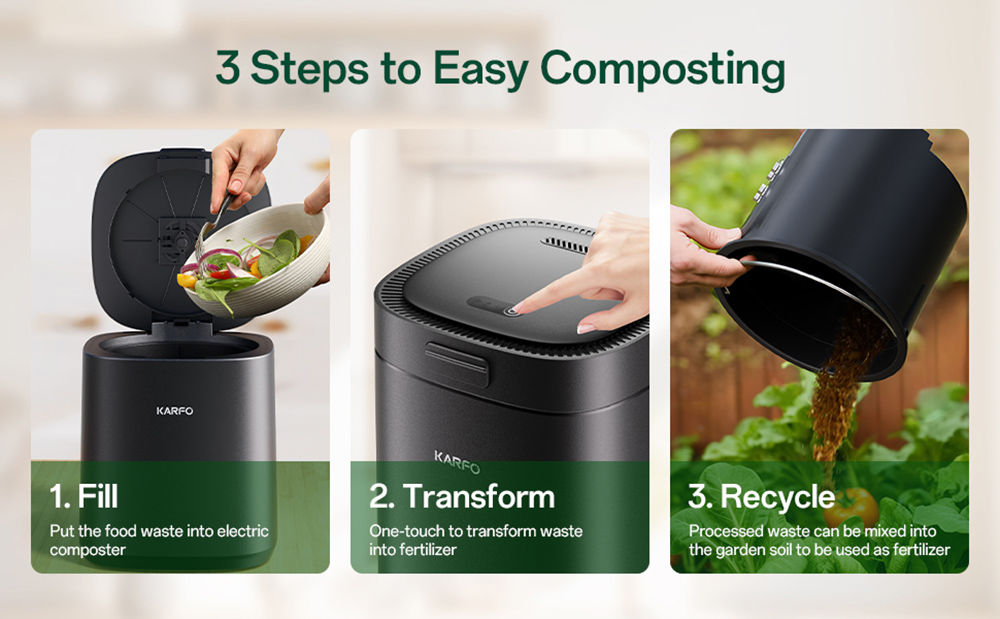 Karfo UF006-EC Kitchen Composter, 2.5L Capacity, Single-Button Auto Operation, Turn Food Waste to Fertilizer for Plants, Black
